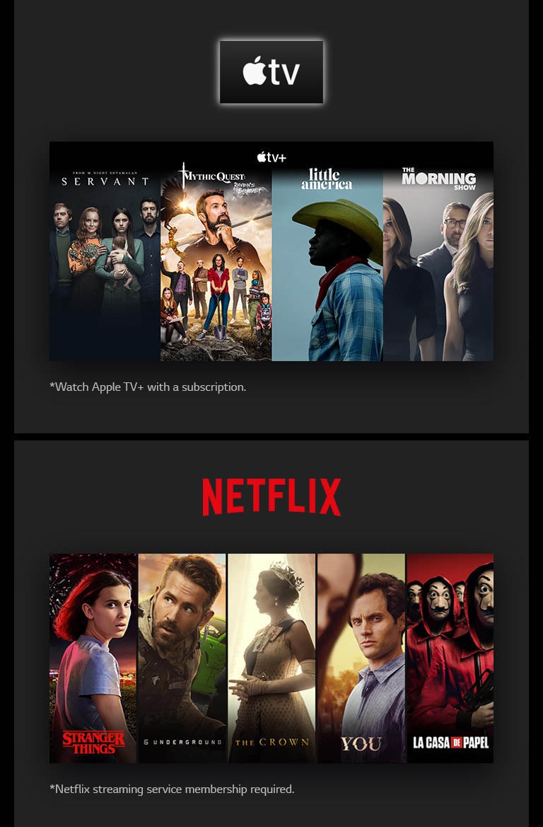 Apple TV+ -logo ja neljä pystysuuntaista Servant-, Mythic Quest-, Little America- ja The Morning Show -otsikkokorttia, NETFLIX-logo ja neljä pystysuuntaista otsikkokorttia: Stanger Things, 6 Underground, The Crown, You ja La Casa De Papel