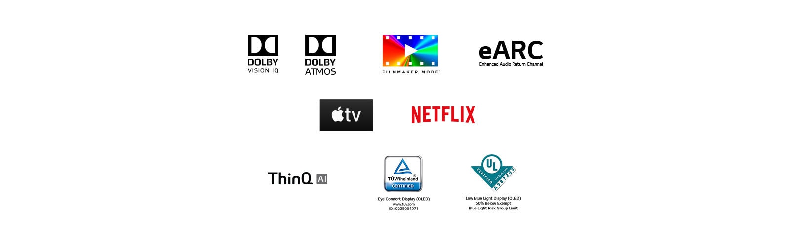 DOLBY VISION IQ -merkki, DOLBY ATMOS -merkki, FILMMAKER MODE -merkki, eARC - merkki,Apple tv -merkki, NETFLIX - merkki, LG ThinQ -merkki, Merkit: TÜV Rheinland / UL Verification