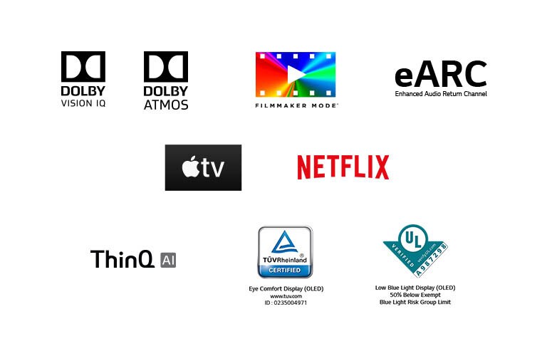 DOLBY VISION IQ -merkki, DOLBY ATMOS -merkki, FILMMAKER MODE -merkki, eARC - merkki,Apple tv -merkki, NETFLIX - merkki, LG ThinQ -merkki, Merkit: TÜV Rheinland / UL Verification