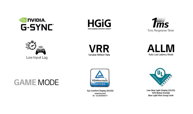 NVIDIA G-SYNC - merkki, HGiG -merkki,1 ms:n vasteaika -merkki,Lyhyt tuloviive -merkki,Muuttuva virkistystaajuus -merkki,Auto Low Latency Mode - merkki,game mode - MERKKI,TÜV Rheinland -merkki,UL Verification -merkki