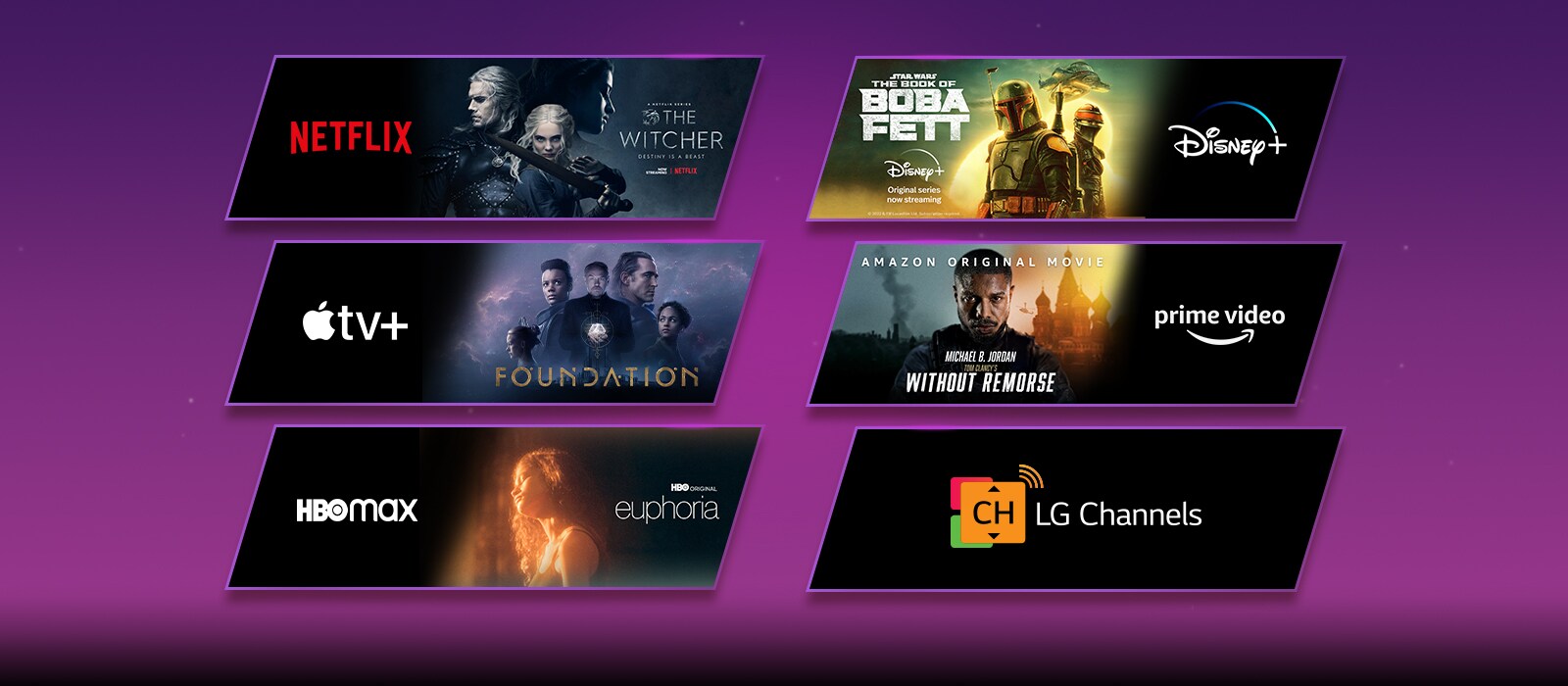 Näkyviin tulee kuusi eri kuvalohkoa, joista jokaisessa on suoratoistoalustan logo ja kuva suoratoistosisällöstä. Netflix-logo, jossa on The Witcher, Disney Plus -logo ja Boba Fett, Apple TV Plus -logo ja Foundation, Prime Videos -logo ja Without Remorse, HBO Max -logo ja Euphoria sekä pelkkä LG Channel -logo.  