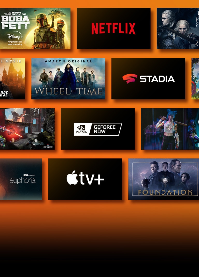 Suoratoistopalvelualustojen logot ja niitä vastaavat sisältökuvat kunkin logon vieressä. Netflix-logo, Money Heist ja The Witcher. Disney-logo ja Boba Fett. Stadian logo, Journey to the Savage Planet ja The Legend of Heroes: Trails of Cold Steel III. Prime Videos -logo, Without Remorse ja The Wheel of Time. Livenow-logo ja näytekuvia Mamamoosta ja Oneuksesta. NVIDIA Geforce Now -logo ja Cyberpunk 2077:n ja Splitgaten pelikuvia. HBO Maxin, The Wiren ja Euforian logo. Apple TV Plus-, Foundation- ja Finch-logo. 