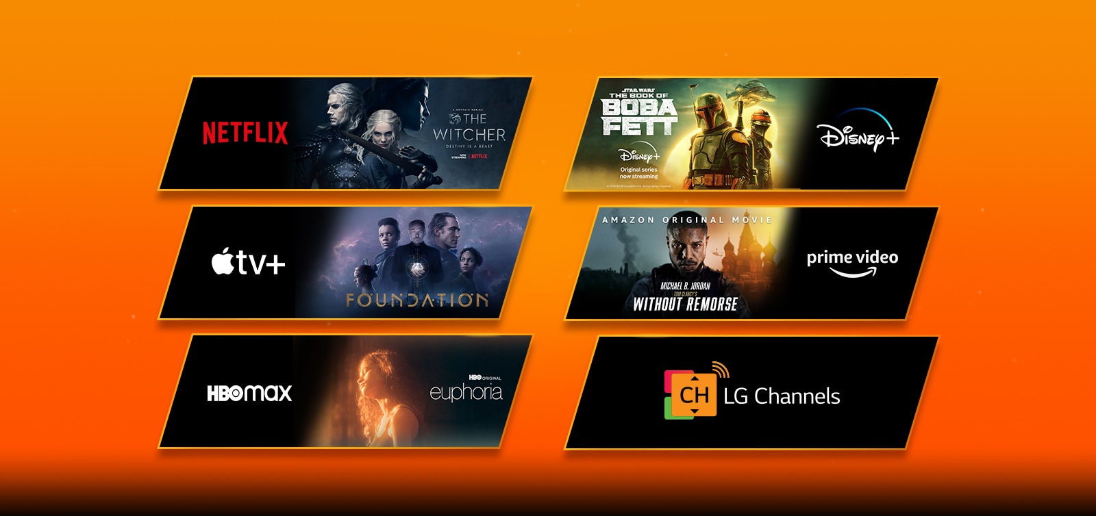 Näkyviin tulee kuusi eri kuvalohkoa, joista jokaisessa on suoratoistoalustan logo ja kuva suoratoistosisällöstä. Netflix-logo, jossa on The Witcher, Disney Plus -logo ja Boba Fett, Apple TV Plus -logo ja Foundation, Prime Videos -logo ja Without Remorse, HBO Max -logo ja Euphoria sekä pelkkä LG Channel -logo.  