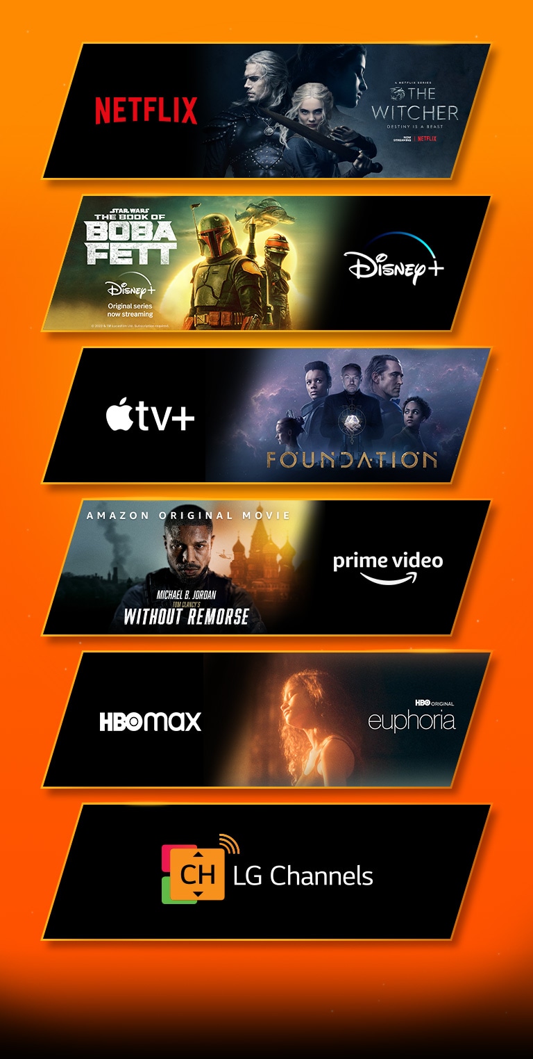 Näkyviin tulee kuusi eri kuvalohkoa, joista jokaisessa on suoratoistoalustan logo ja kuva suoratoistosisällöstä. Netflix-logo, jossa on The Witcher, Disney Plus -logo ja Boba Fett, Apple TV Plus -logo ja Foundation, Prime Videos -logo ja Without Remorse, HBO Max -logo ja Euphoria sekä pelkkä LG Channel -logo.  