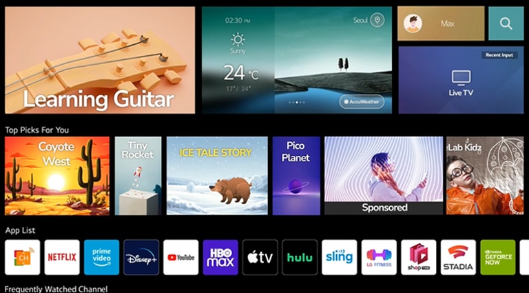 Näytössä näkyy Max-toiminnolle mukautettu Max-aloitusnäyttö. Sitten Rachelin profiili valitaan ja näyttö vaihtuu näyttämään Rachelin aloitusnäytön, joka on sovitettu Rachelille. 