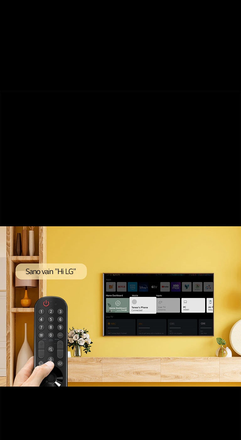 Joku pitää TV-kaukosäädintä tv-ruudun edessä. Puhekuplassa lukee "Sano vain Hi LG".