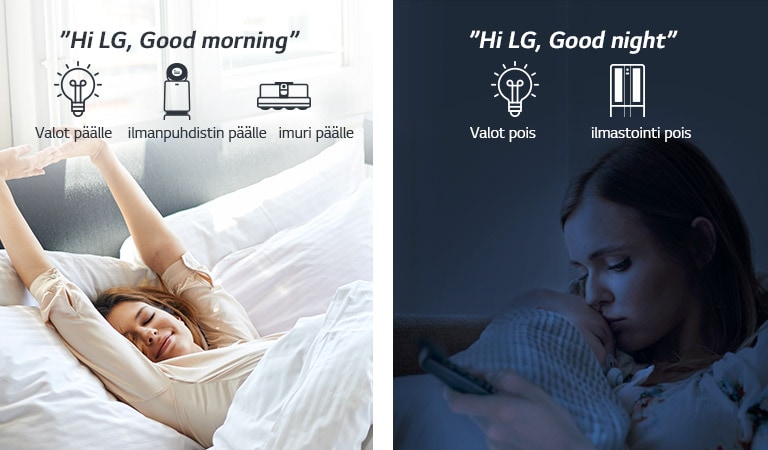 Nainen vuoteessa herää aamulla (vasemmalla) ja lapsen kanssa yöllä (oikealla)