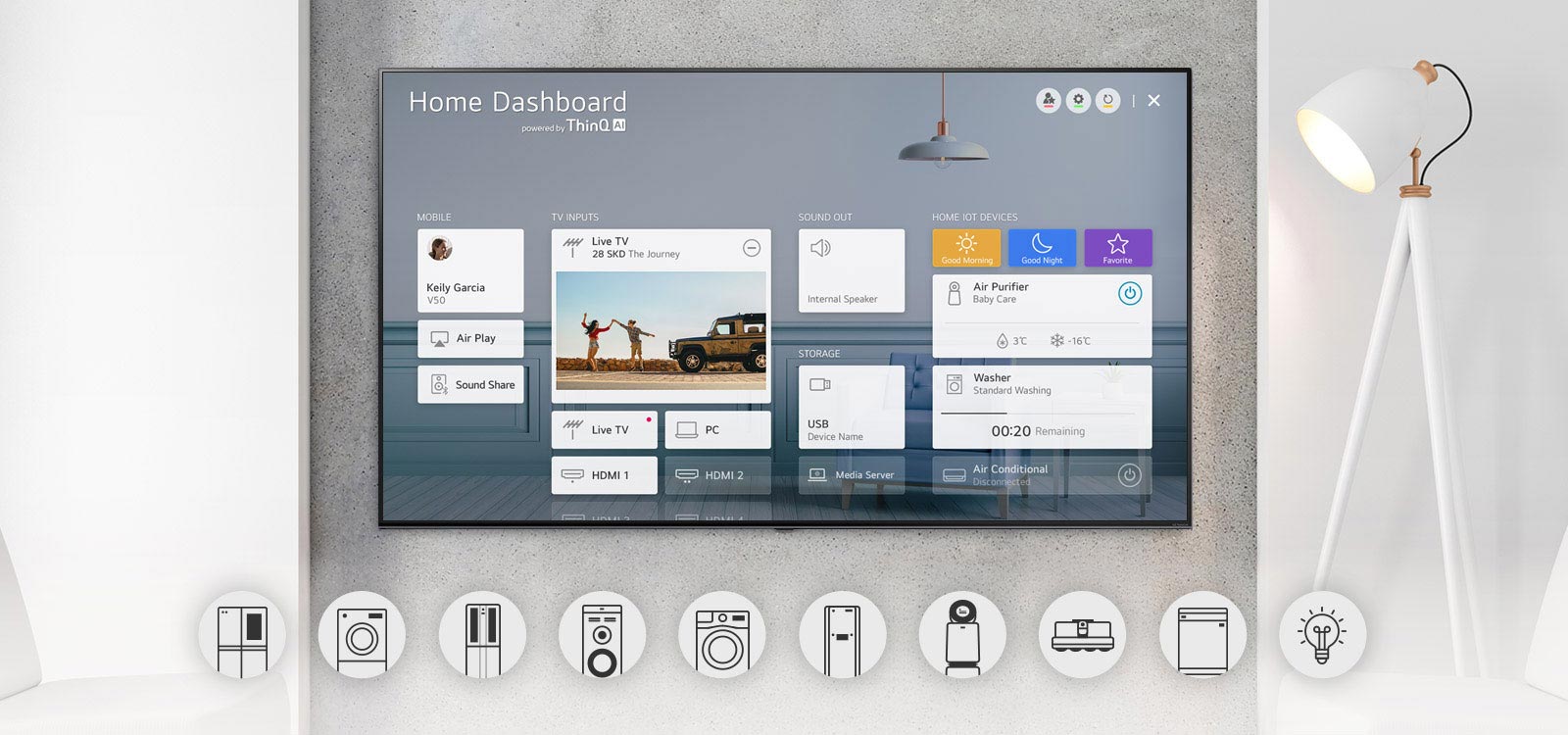 Seinään asennettu TV, jossa näkyy kotihallintapaneeli ja sen alapuolella kotilaitteiden graafisia logoja