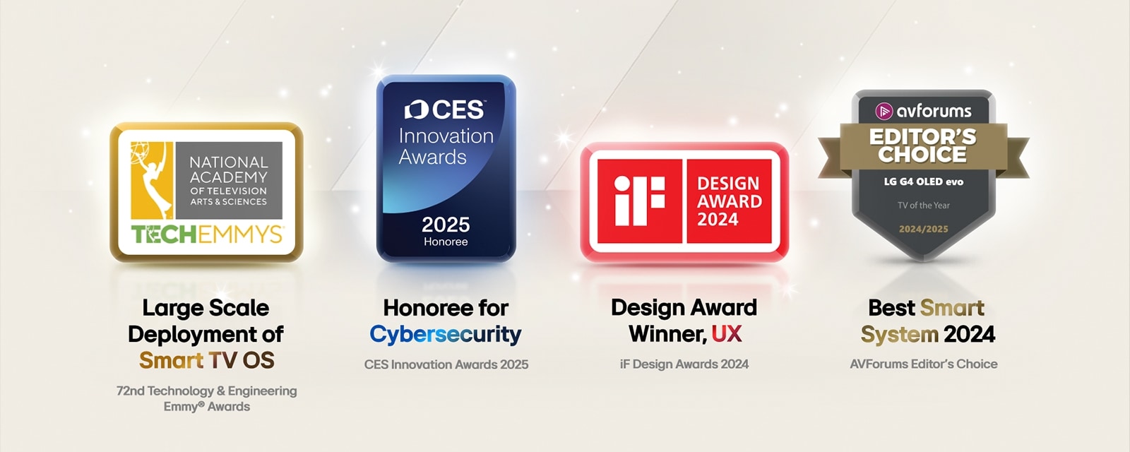 LG webOS:n palkinnot. Laaja äly-TV-käyttöjärjestelmän sovellus 72. teknologian ja insinöörityön Emmy® Awards -palkinto. Innovation Awards -kunniamaininta kyberturvallisuudesta, CES Innovation Awards 2025. Suunnittelupalkinnon voittaja, käyttäjäkokemus iF Design Awards 2024. Paras älyjärjestelmä 2024/2025 AV Forums Editor's Choice.