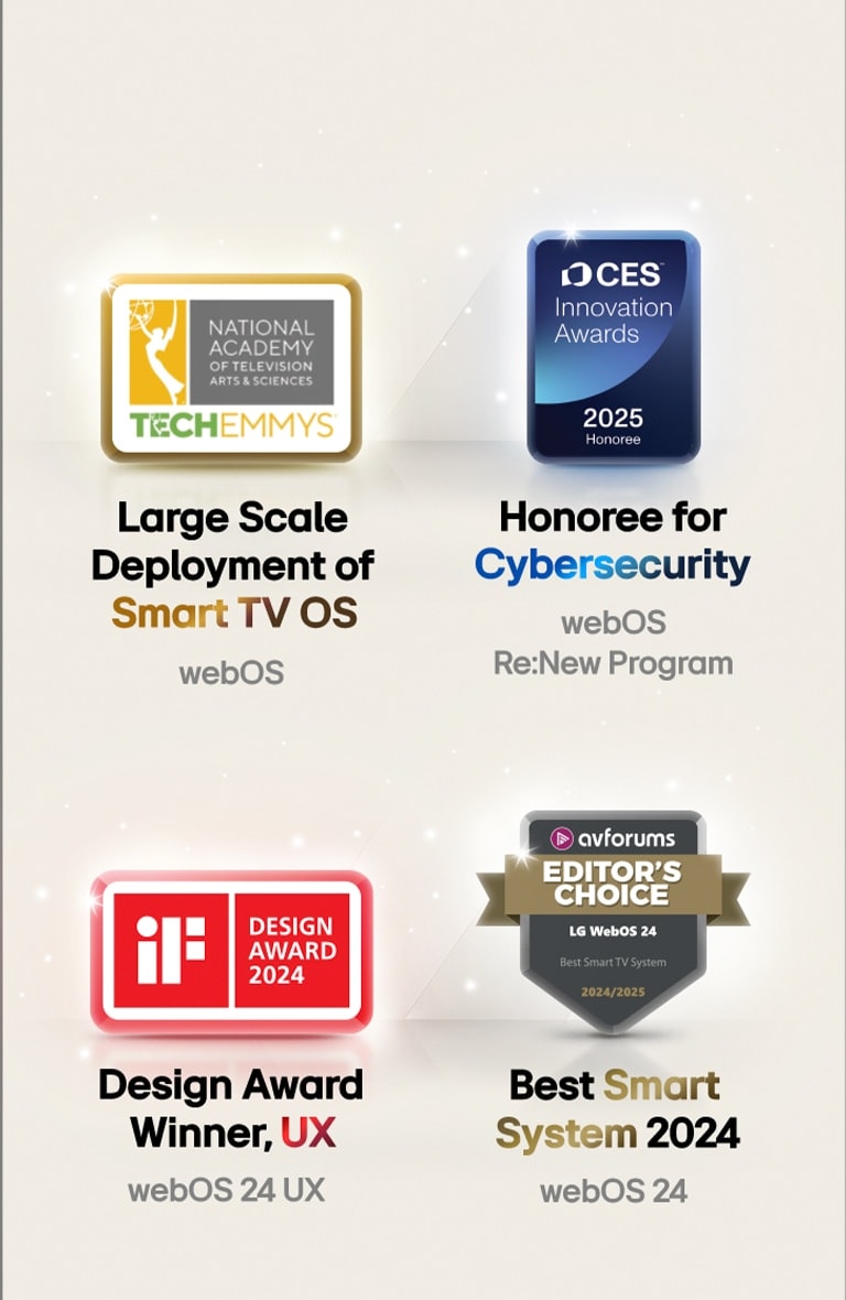 LG webOS:n palkinnot. Laaja äly-TV-käyttöjärjestelmän sovellus 72. teknologian ja insinöörityön Emmy® Awards -palkinto. Innovation Awards -kunniamaininta kyberturvallisuudesta, CES Innovation Awards 2025. Suunnittelupalkinnon voittaja, käyttäjäkokemus iF Design Awards 2024. Paras älyjärjestelmä 2024/2025 AV Forums Editor's Choice.