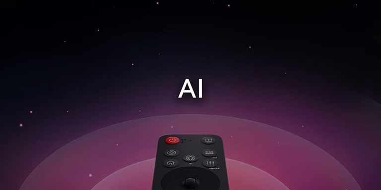 LG AI Magic Remote, jossa AI-painike on korostettu. Näkyvissä on graafinen käyttöliittymän kuvaus, jossa on kuvakkeita siitä, miten AI-painikkeen ansiosta käyttäjät voivat hyödyntää erilaisia AI-toimintoja. Palveluihin kuuluvat AI Voice ID, AI Search, AI Chatbot, AI Concierge, AI Picture Wizard ja AI Sound Wizard. Toimintoa esitellään, kun osoitin ilmestyy käyttöliittymän ylle, ja näytetään, miten etäkameraa voidaan käyttää kuin ilmassa olevaa tietokoneen hiirtä osoittamalla ja napsauttamalla.