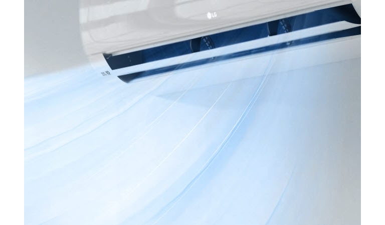 Ilmastointilaitteen alaosa näkyy, vaaleansininen ilmavirta puhaltaa sen etuosaan.