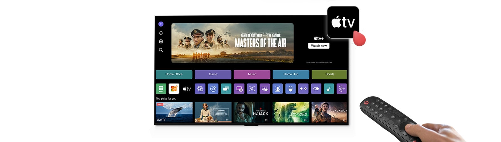 Kuva LG Smart -television webOS-käyttöjärjestelmästä. webOS-sivulla on Apple TV+ -sovelluskuvake.