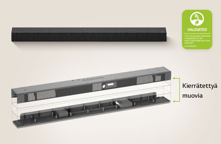 Takana on näkymä soundbar-kaiuttimesta edestä ja edessä metallikehyskuva soundbar-kaiuttimesta.