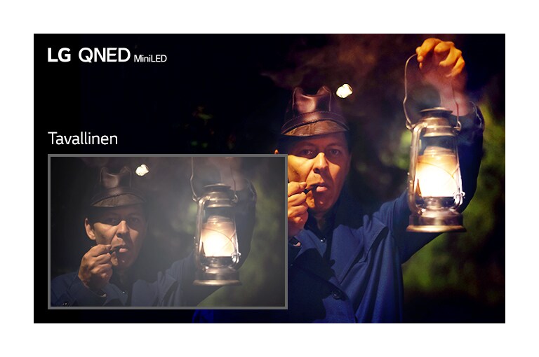 Hämärä kohtaus, jossa mies pitelee lyhtyä. Vasemmassa alakulmassa oleva osa esittää kuvaa tavallisessa televisiossa, jossa on haloefekti ja himmeämmät värit, ja suurempi ympäröivä kuva esittää kuvaa LG QNED Mini LED -TV:ssä.