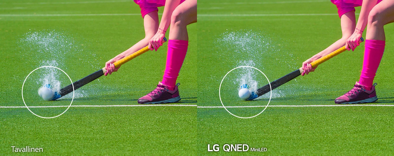 Kaksi identtistä kuvaa maahockeyn pelaajasta lyömässä palloa vetisellä kentällä. Vasemmasta kuvasta näkee, miltä se näyttäisi tavallisessa LCD-televisiossa, ja oikeasta näkee, miltä se näyttää LG QNED Mini LED -televisiosta.