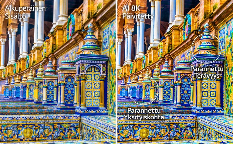 Rinnakkaiset kuvat värikkäästä mosaiikeilla koristellusta rakennuksesta. Vasemmanpuoleisessa kuvassa näkyy alkuperäinen kuva ja oikeanpuoleisessa näkyy kuva AI 8K -päivityksen jälkeen tarkempana ja terävämpänä.