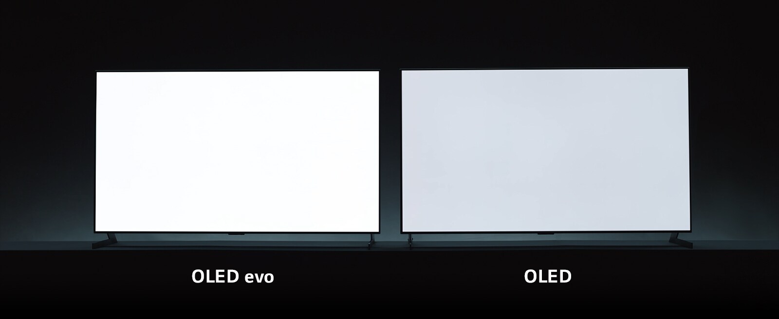 OLED evon ja OLED:n television kirkkauden vertailu. OLED evo -televisio, joka näyttää valkoisen kuvan, on kirkkaampi kuin OLED-televisio.OLED evon ja OLED:n television kirkkauden vertailu. OLED evo -televisio, joka näyttää valkoisen kuvan, on kirkkaampi kuin OLED-televisio.