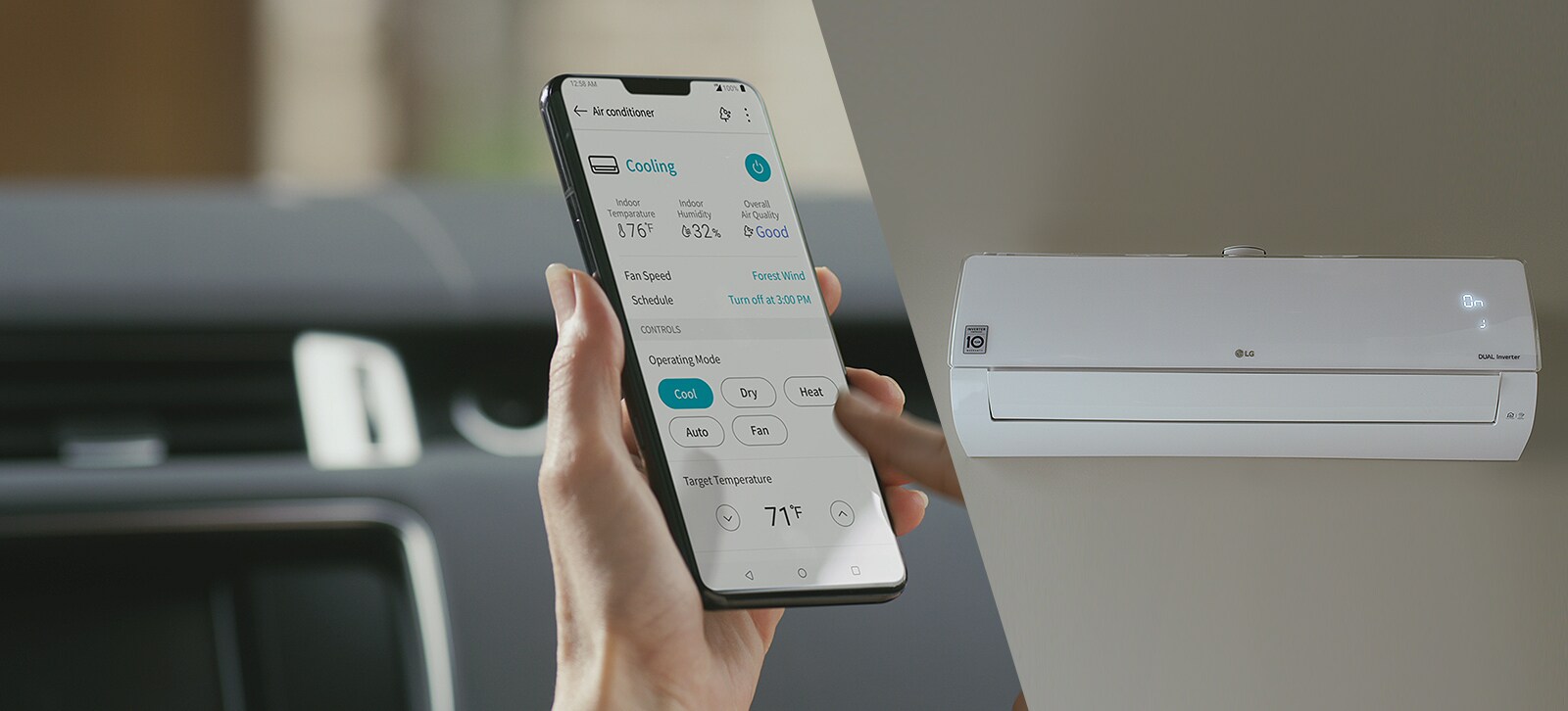 Toisto/tauko-kuvake on näytön alareunassa kolmen pisteen yläpuolella. Ensimmäinen piste on korostettu merkiksi siitä, että tämä on ensimmäinen video kolmen videon sarjasta. Videon alussa perhe asettautuu autoonsa. Tytär nojautuu eteenpäin ja muistuttaa äitiä, että tämä voi kytkeä LG-jääkaapin päälle puhelimessaan olevalla ThinQ-sovelluksella. Kuva siirtyy näyttämään äidin kättä ja siinä olevaa puhelinta. Näytössä on ThinQ-sovellus, jonka painiketta äiti painaa. Äiti hymyilee ja näyttää tyttärelleen, että se on nyt kytketty päälle. Sitten kuva siirtyy näyttämään LG-ilmastointilaitetta, joka kytkeytyy päälle kotona.