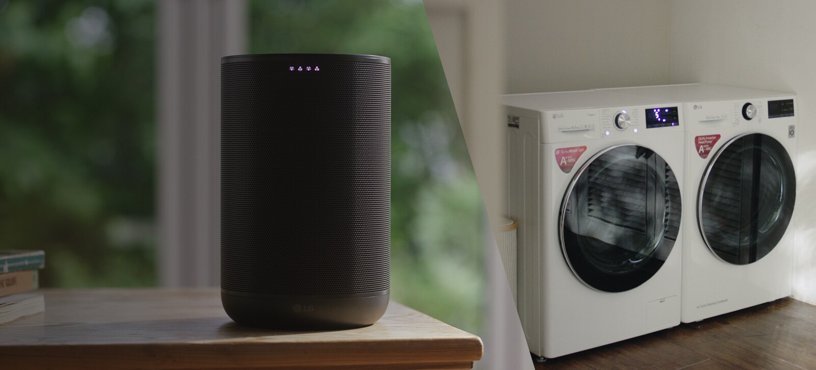 Toisto/tauko-kuvake on näytön alareunassa kolmen pisteen yläpuolella. Toinen piste on korostettu merkiksi siitä, että tämä on toinen video kolmen videon sarjasta. Videon alussa hämmentyneeltä näyttävä nainen kävelee sohvalla istuvan aviomiehensä luo. Aviomies sanoo jotain rauhoittaakseen naista. Lähellä oleva tekoälykaiutin kuulee heidän komentonsa, ja videokuva siirtyy näyttämään LG-pesukonetta ja -kuivausrumpua kodinhoitohuoneessa.