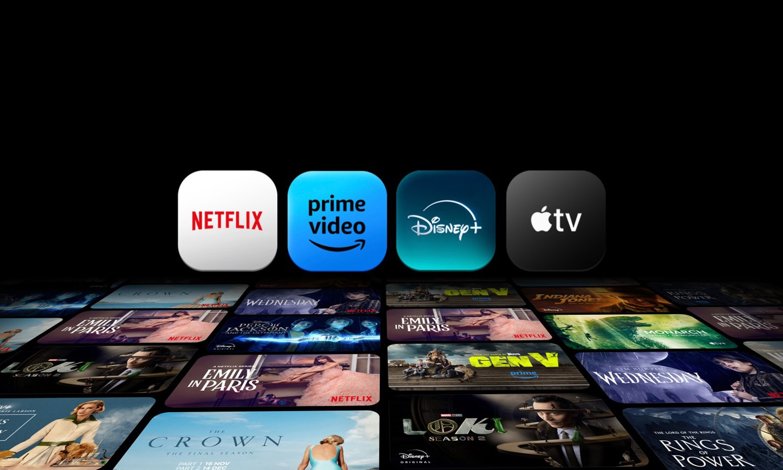 TV-ohjelmien pikkukuvia näkyy litteinä näytöllä mustaa taustaa vasten, ja niiden yläpuolella on seuraavat logot: Netflix, Prime Video, Disney+, Apple TV.