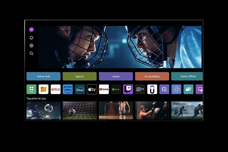 LG TV, jossa näkyy My Profile. Kursori siirtyy Sports-painikkeen ylle ja teksti ’Kaikki urheilutiedot’ ilmestyy. Kursori napsauttaa, ja näytölle ilmestyy Sports Portal. Sitten kursori ilmestyy Game-painikkeen ylle ja teksti ’Paras pelikokemus’ ilmestyy. Kursori napsauttaa, ja näytölle ilmestyy Game-aloitusnäyttö.