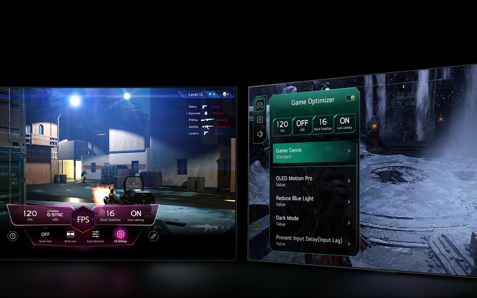 Kaksi LG TV -televisiota, joissa näkyy peliä. Vasemmassa näytössä näkyy Game Dashboard ja oikeassa Game Optimizer, molemmat pelin yllä.