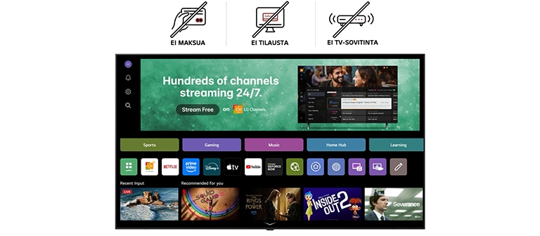 LG-älytelevision aloitusnäytöltä siirrytään LG Channels -käyttöliittymään ja esitellään useita ilmaisia live-kanavia, elokuvia ja eksklusiivista sisältöä ilman tarvetta tilaukselle, maksulle tai TV-sovittimelle. Video korostaa saumatonta pääsyä satoihin viihdevaihtoehtoihin suoraan kaikilta LG-älytelevisioilta.
