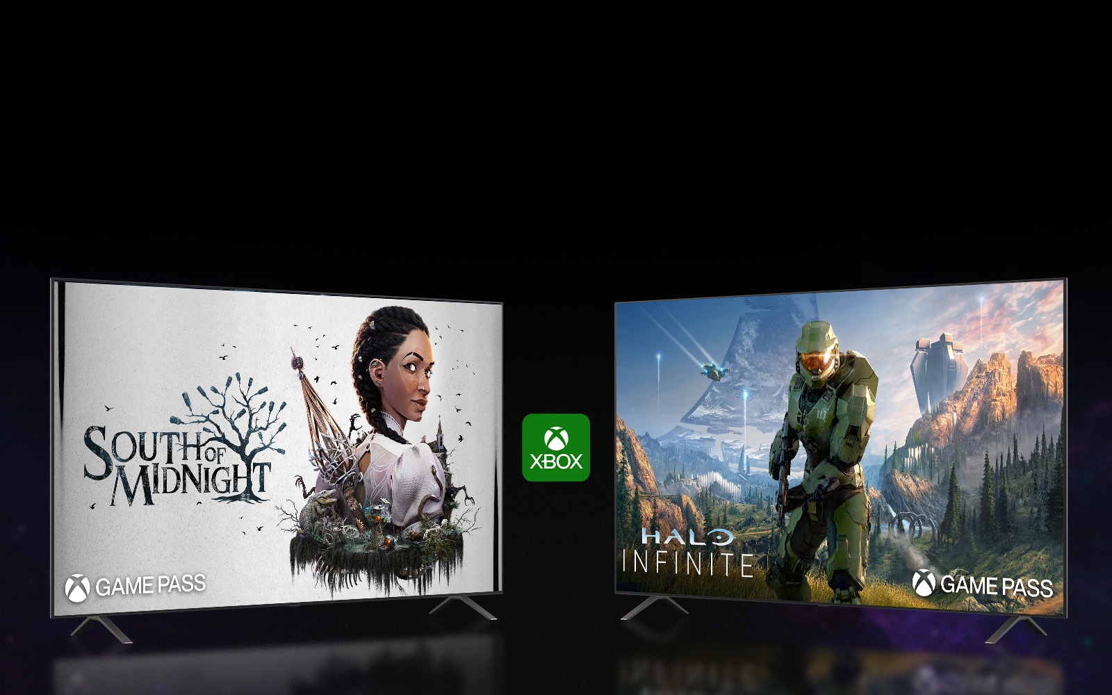 Kahdella LG-älytelevisiolla näkyy erilaisia Xbox-pelejä, mikä kuvaa korkealaatuisia pelikokemuksia, joita on saatavilla Xbox Game Pass Ultimatea käyttäen LG TV:llä.