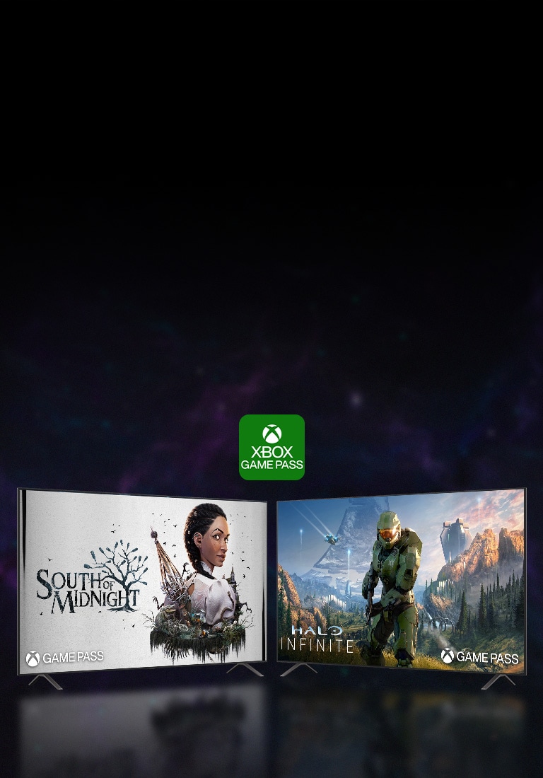 Kahdella LG-älytelevisiolla näkyy erilaisia Xbox-pelejä, mikä kuvaa korkealaatuisia pelikokemuksia, joita on saatavilla Xbox Game Pass Ultimatea käyttäen LG TV:llä.