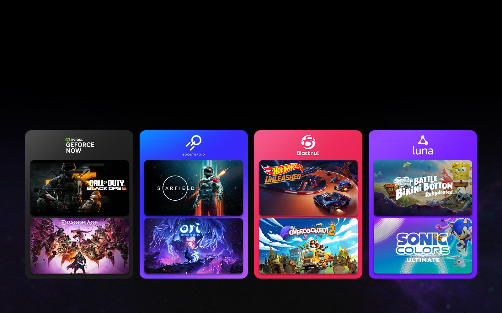 Jokaisessa neljässä värikkäässä laatikossa on pilvipelipalvelun logo ja kaksi pelin pikkukuvaa, mikä korostaa suosittujen pilvipelialustoiden, kuten GeForce NOW ja Boosteroid, käyttöä LG Gaming Portalin kautta.