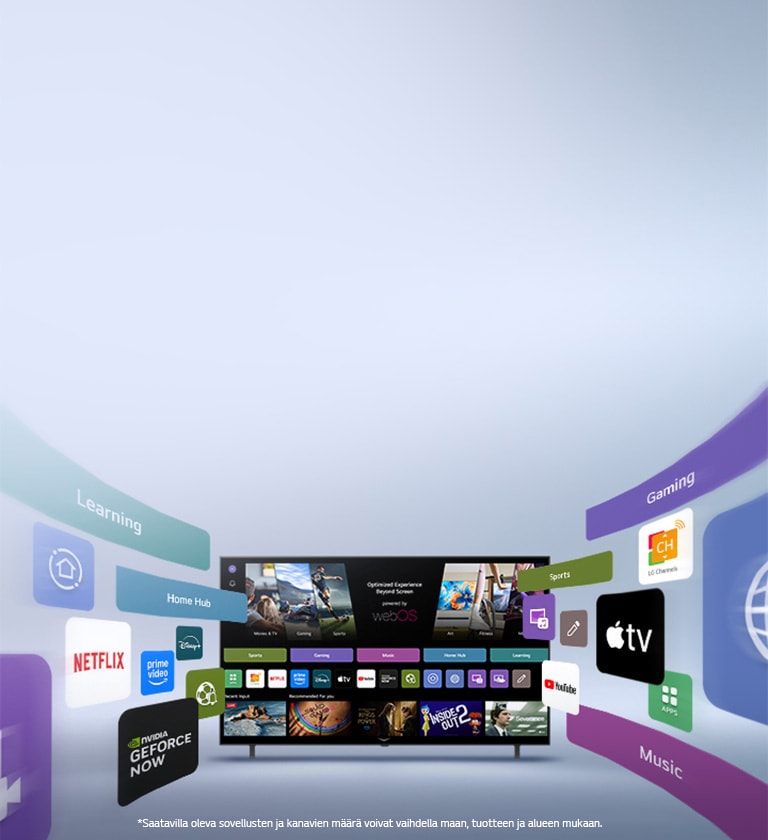 LG-älytelevisiolla näkyy webOS-aloitusnäyttö, jossa on viihdesovelluksia ja LG Channels -elementtejä, jotka laajenevat dynaamisesti ulospäin, mikä korostaa maailmanlaajuisia sovelluksia ja kanavia.