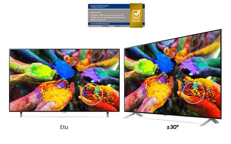 Kaksi LG NanoCell TV:tä vierekkäin esittävät kuvaa käsistä, jotka pitävät monivärisiä väriainehiukkasia edestäpäin ja katselukulmasta keskustan ulkopuolella. Kuva on jatkuvasti elävä ja tarkka molemmista kulmista.