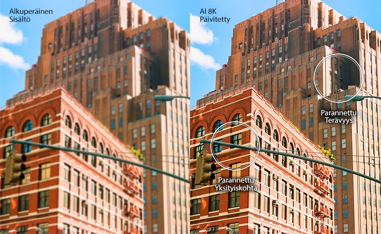 Vierekkäin kuva punatiilisistä kaupunkirakennuksista. Oikealla oleva kuva on terävämpi ja selkeämpi, mikä osoittaa, kuinka kuvaa parannettaisiin AI 8K-skaalauksella.