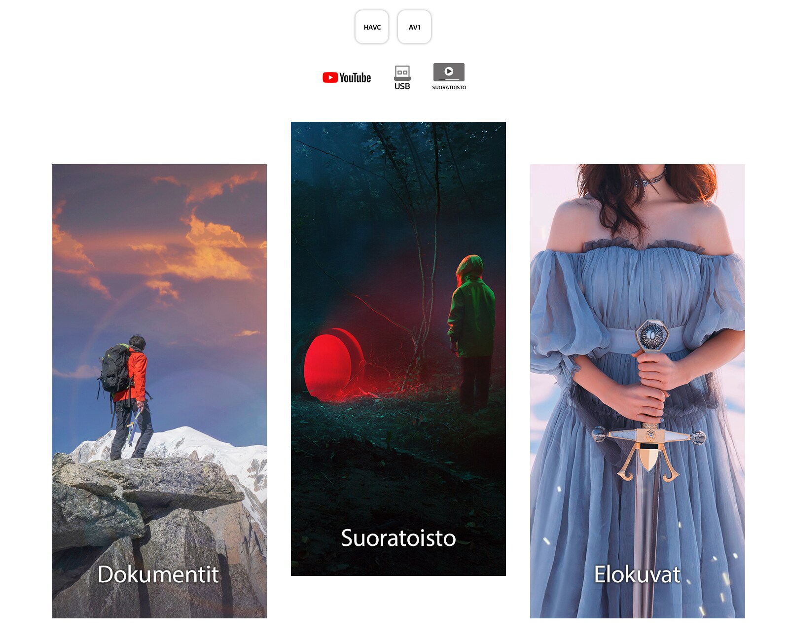 Vasemmalta oikealle kuva vaellusvarustuksessa olevasta miehestä, joka seisoo kallioisella vuorella; pimeä kohtaus pojasta, joka seisoi tunnelin edessä ja lähetti punaista valoa; ja nainen sinisessä mekossa, jolla on miekka valkoista taustaa vasten.