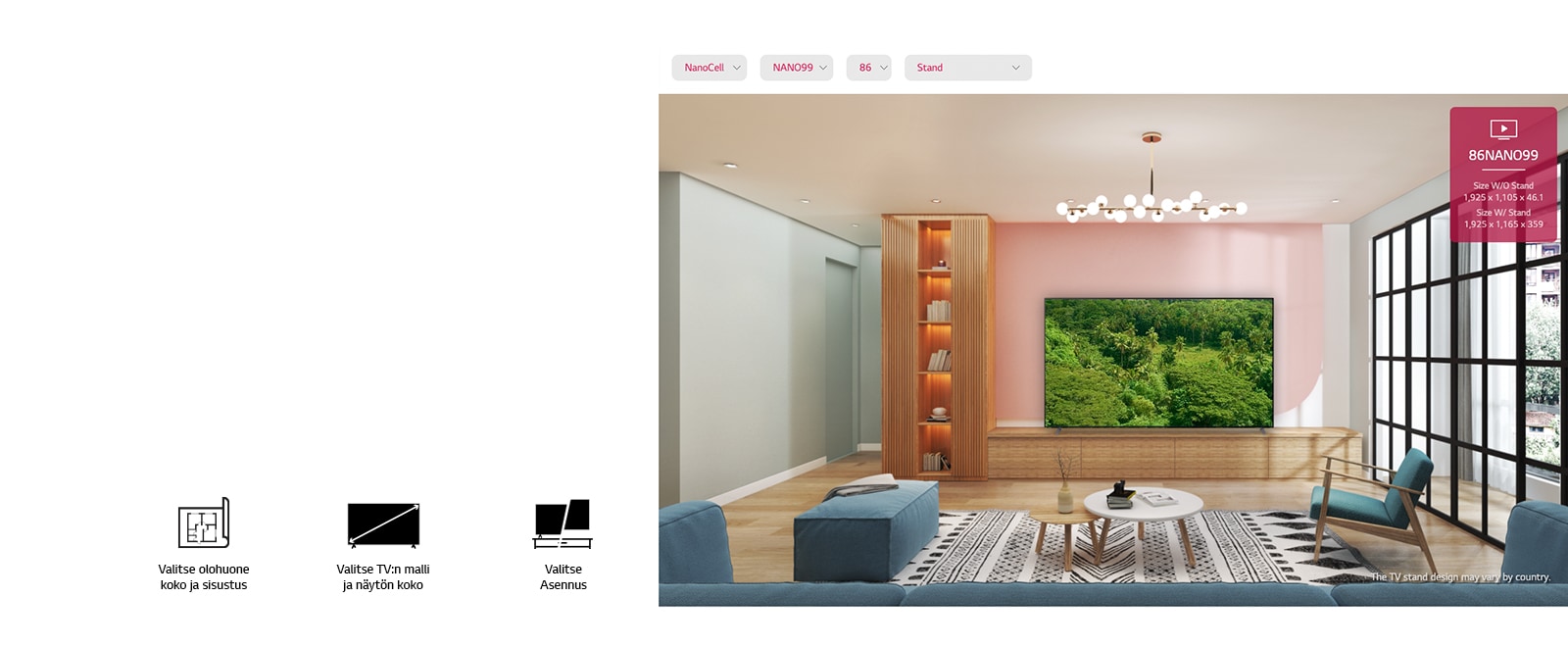 Suuri taulu-TV, joka on asennettu vaaleanpunaista seinää vasten ja jota ympäröivät luonnolliset kalusteet. Näytössä näkyy rehevä metsä.