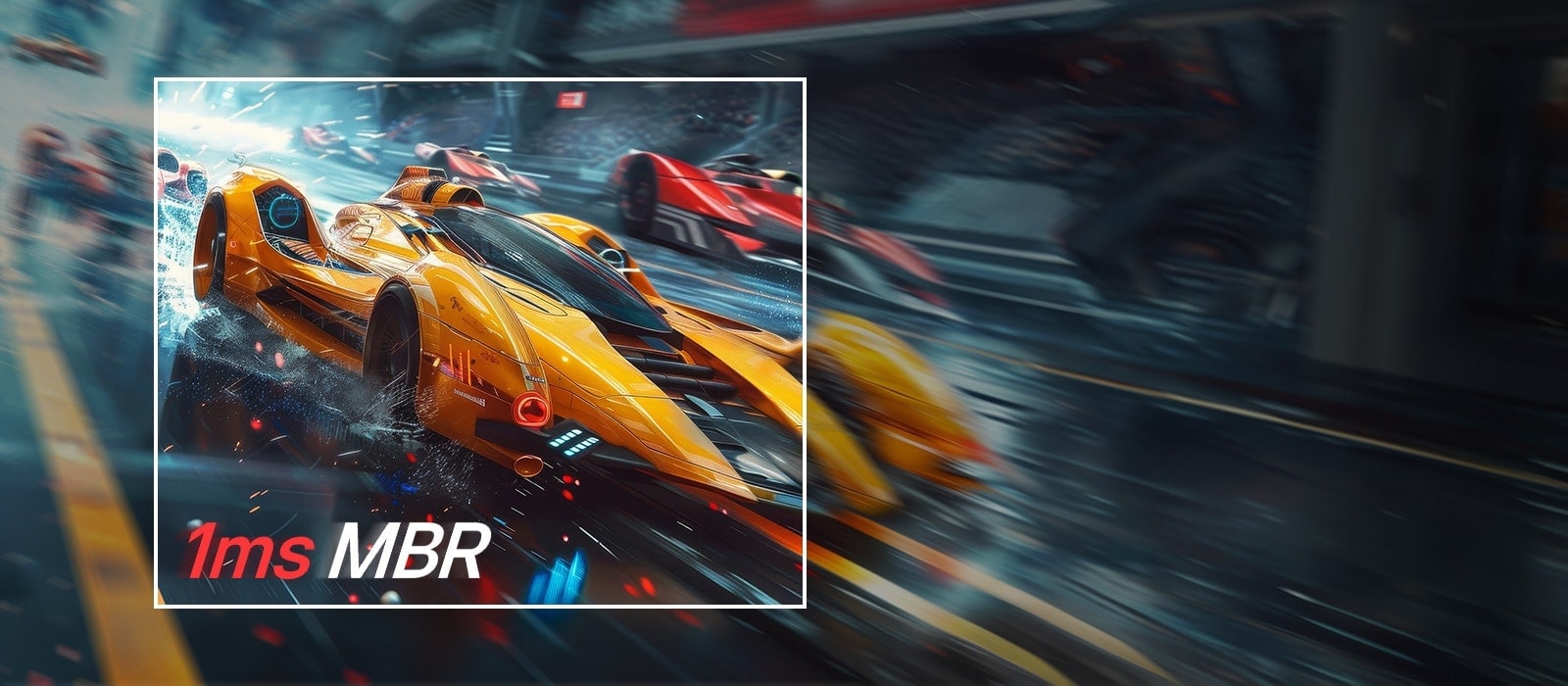 A racing game scene used to promote a monitor’s 1ms MBR (Motion Blur Reduction) feature. A bright yellow futuristic race car speeds down the track with motion blur effects. On the right, text highlights benefits like fast-paced gameplay, reduced blur, and a competitive edge.