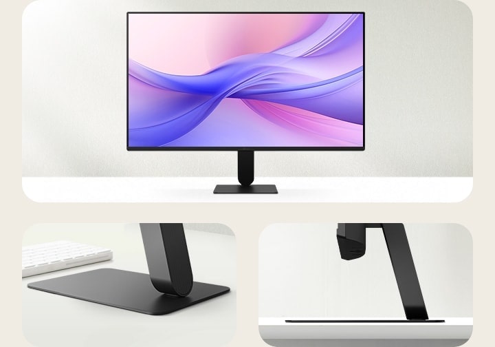 A front view of a modern monitor with a slim, minimalist stand. The monitor, initially angled to the left, smoothly rotates to face forward and locks into place. As it settles, a streak of white light quickly traces along the monitor’s edges, emphasizing its sleek bezel design. The display shows a soft gradient of pink and purple tones, while side images highlight the stand’s low-profile base and elegant form.