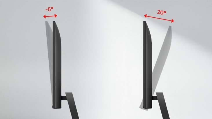 A side-by-side comparison showing a monitor tilting backward at 20 degrees and forward at -5 degrees, illustrating its adjustable tilt functionality for ergonomic viewing.
