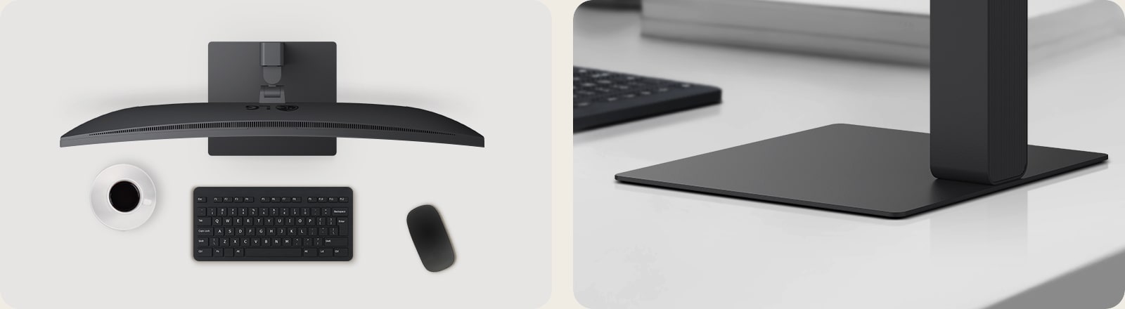 Vue du dessus d’un moniteur UltraWide incurvé sur un bureau avec une tasse à café, un clavier sans fil et une souris, ainsi qu’un gros plan de la base fine et carrée du moniteur, conçue pour la stabilité et un espace de travail peu encombré.