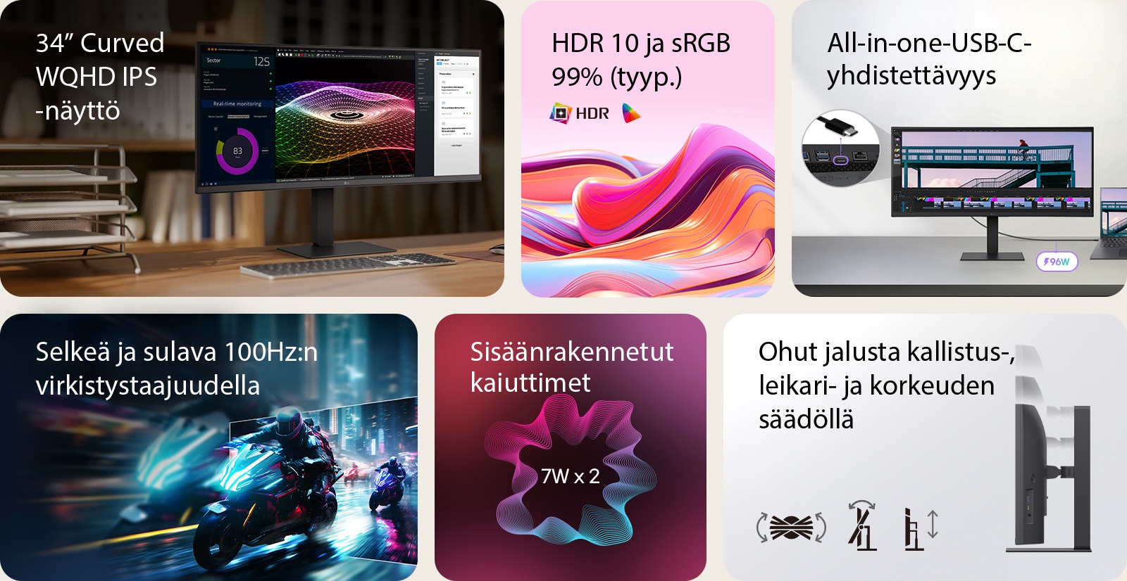 Il s’agit d’une image récapitulative pour un moniteur UltraWide, divisé en six blocs : un écran WQHD IPS incurvé de 34 pouces sur un bureau à domicile en bois montrant une surveillance en temps réel, des graphiques 3D colorés, et les outils de gestion de projet ; des ondes abstraites éclatantes représentant la précision des couleurs HDR10 et sRGB de 99 % ; un gros plan de ports illustrant la connectivité USB-C tout-en-un ; une scène de course de moto rapide mettant en valeur le taux de rafraîchissement fluide de 100 Hz ; un graphique de deux enceintes intégrées de 7 W pour un son immersif ; et un profil latéral du support fin avec des icônes indiquant : inclinaison ergonomique, pivot, et réglages de hauteur.