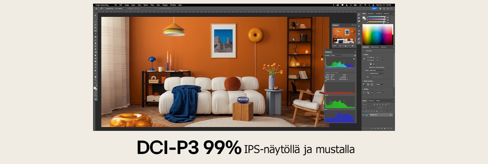 Täysikokoinen näyttökuva, jossa suunnitteluohjelma näyttää kirkkaat värit.	