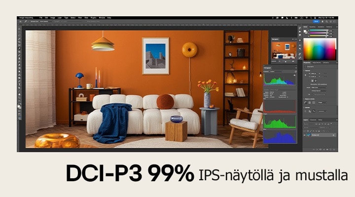 Täysikokoinen näyttökuva, jossa suunnitteluohjelma näyttää kirkkaat värit.	