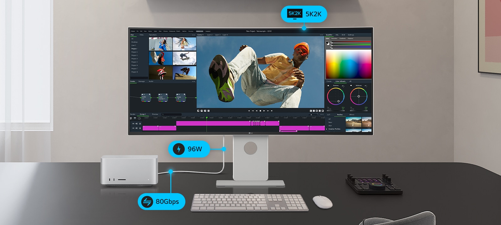 UltraFine-näytöllä näkyy ohjelmanäyttö ja se on asetettu pienemmän näytön, PC:n ja säilytystilan viereen, ja yhdistetyt kaapelit kuvaavat sen monipuolisia yhdistämismahdollisuuksia.
