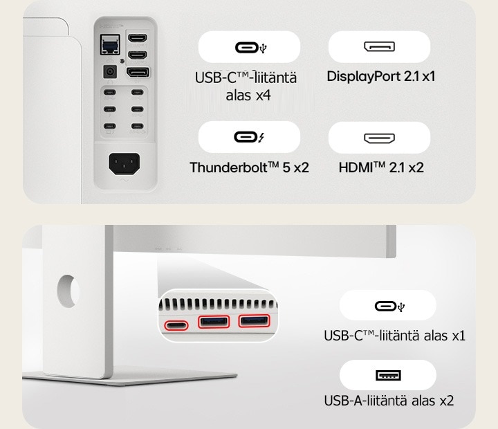 Kaksi UltraFine-näyttöä on asetettu vierekkäin ja ne on yhdistetty toisiinsa kannettavan kautta. Työpiste näyttää, miten saumattomasti kaikki laitteet on yhdistetty.