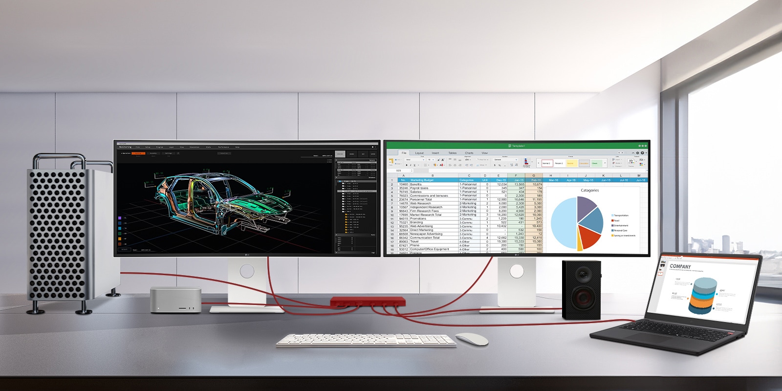 An animated video transitioning from a front view to a top view of a curved monitor.