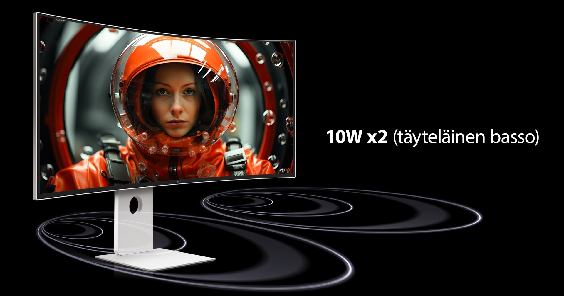 UltraFine-näyttö on sijoitettu virtuaalitilaan, jonka alaosasta tulevat ääniaallot liikkuvat eteenpäin. Näytöllä punaiseen avaruuspukuun pukeutunut nainen katsoo eteenpäin.	