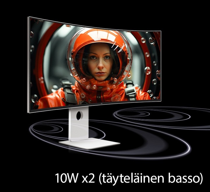 UltraFine-näyttö on sijoitettu virtuaalitilaan, jonka alaosasta tulevat ääniaallot liikkuvat eteenpäin. Näytöllä punaiseen avaruuspukuun pukeutunut nainen katsoo eteenpäin.	