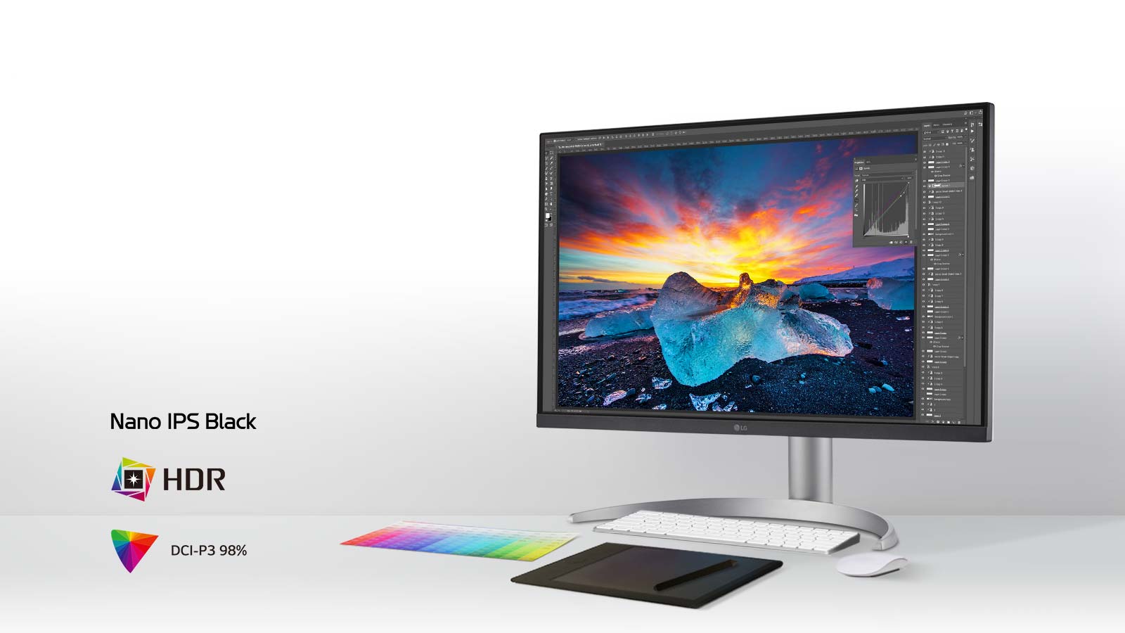 27-tuumainen UHD 4K (3 840 x 2 160) Nano IPS Black -näyttö tarjoaa poikkeuksellisen kuvan ja tarkemmat värit DCI-P3 98 %:n (tyyp.) avulla.