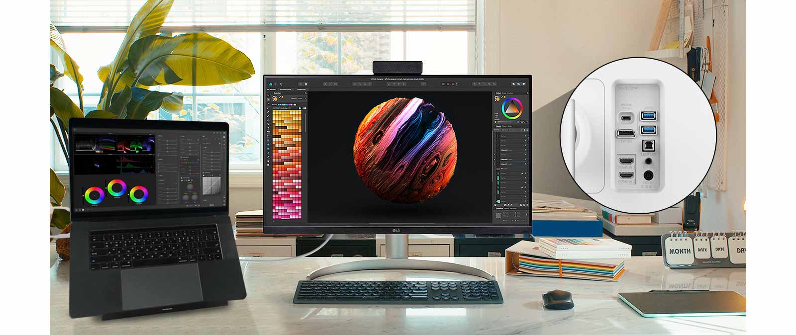 LG UltraFine™ on yhteensopiva erityyppisten laitteiden kanssa, ja siinä on USB Type-C™, näyttöportti, HDMI-portti sekä kaksi USB-porttia.